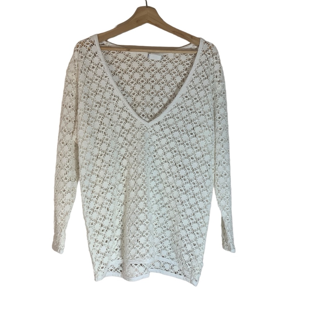 David Wayne Vintage Crochet V Neck Long Sleeve Sweater Cover Up 100% Cotton